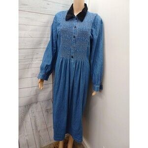 Vtg Sunshine Starshine Smocked Maxi Dress blue Long Sleeve Sz L Modest
